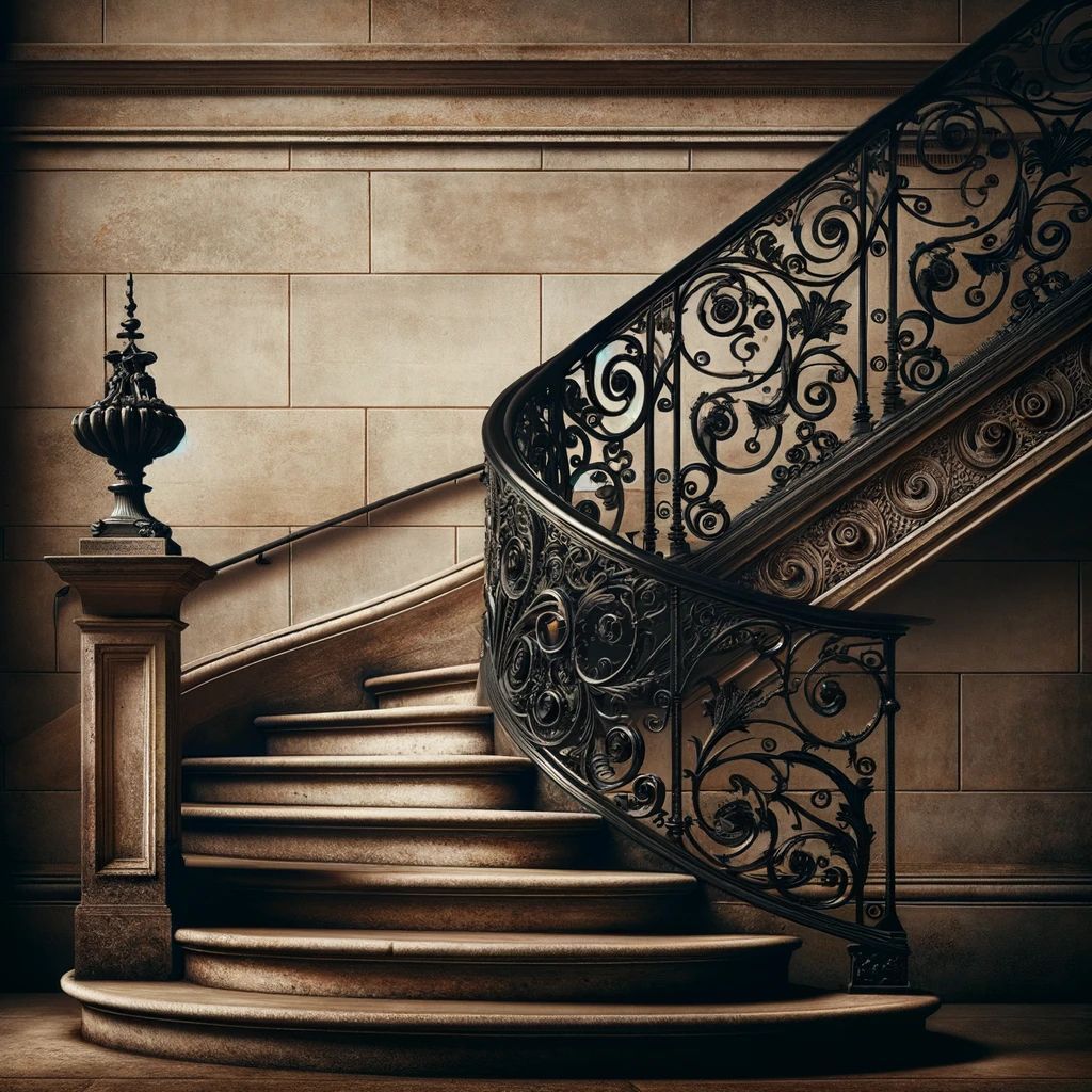 escalier ancien avec rambarde en fer forgé